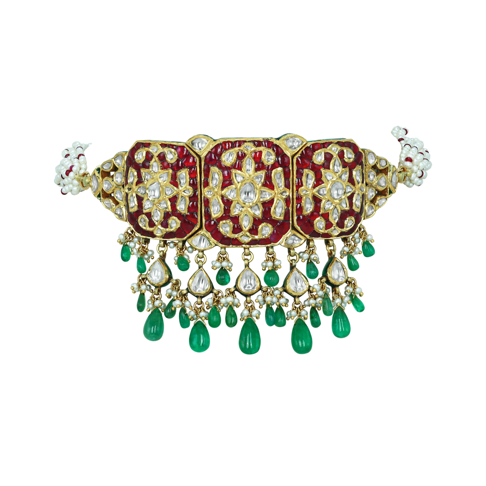 Rectangular Polki Choker with Red Talaf, Emerald, and Pearl Drops